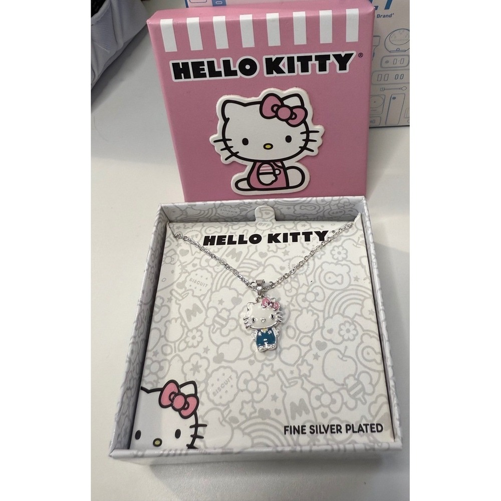 Hello Kitty Silver Plated Pendant Necklace Pink Bow Crystal‎ Enamel Kawaii NIB